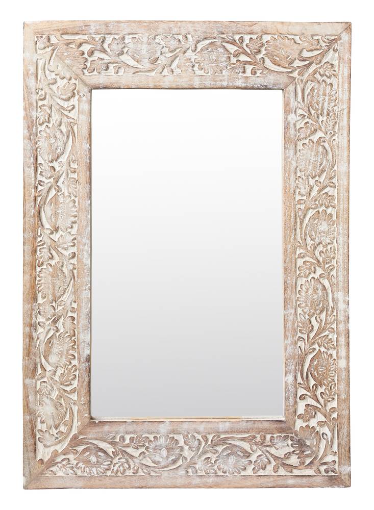 Specchio naturale intagliato a foglie finitura sbiancata 50x70h