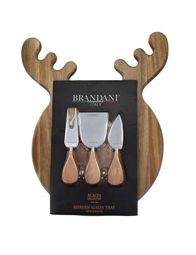 Tagliere legno acacia Renna con 3 coltelli formaggio