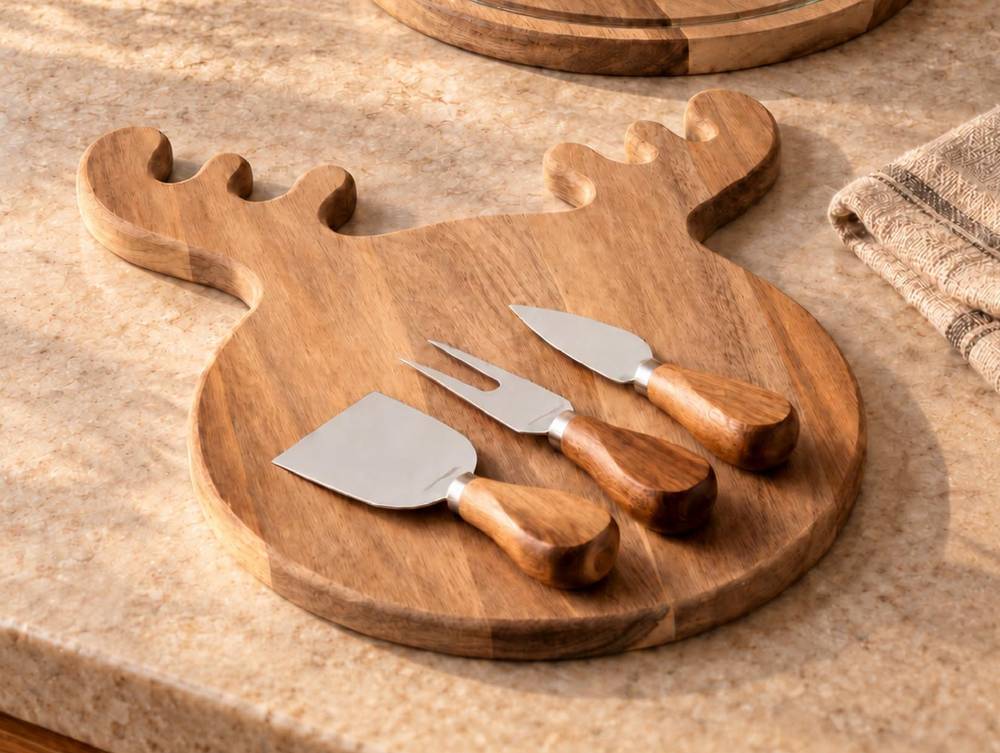 Tagliere legno acacia Renna con 3 coltelli formaggio