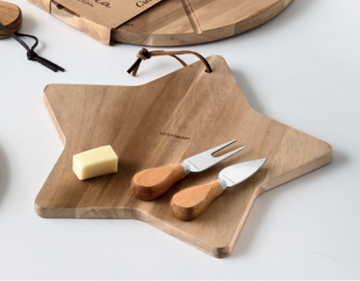 Tagliere legno acacia Stella con 2 coltelli formaggio