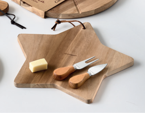 Tagliere legno acacia Stella con 2 coltelli formaggio