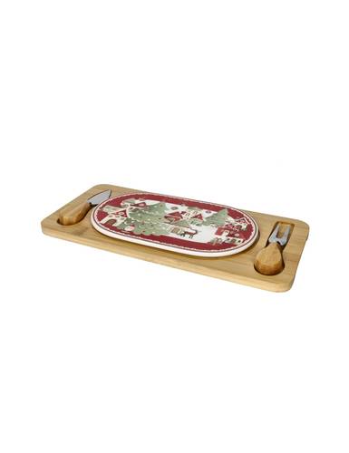 Tagliere legno rettangolare con ceramica natale Villaggio in Festa con coltelli formaggio
