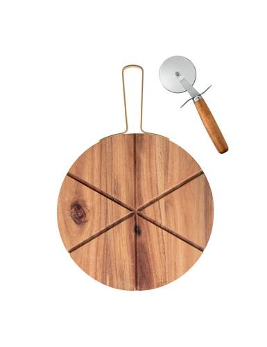 Tagliere pizza tondo in legno acacia con rotella tagliapizza inox