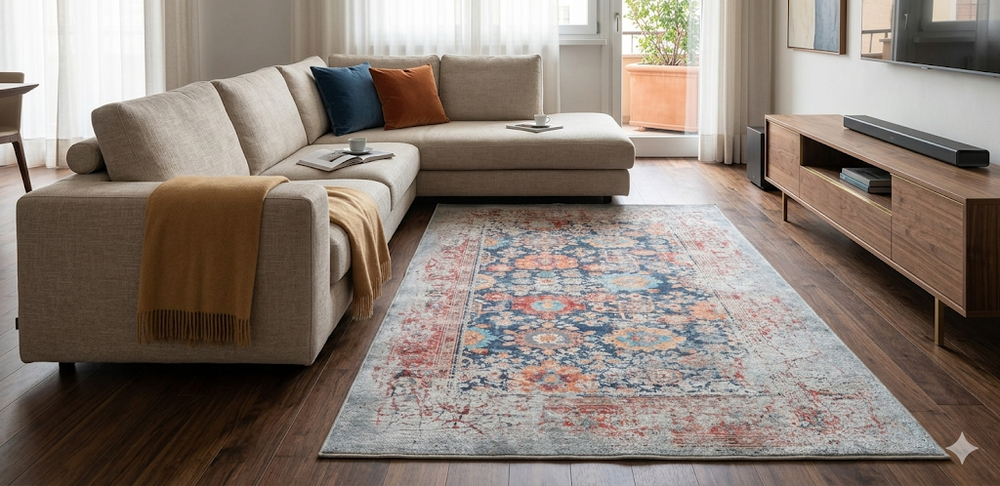 Tappeto Genio design vintage azzurro disegni rossi 140x200