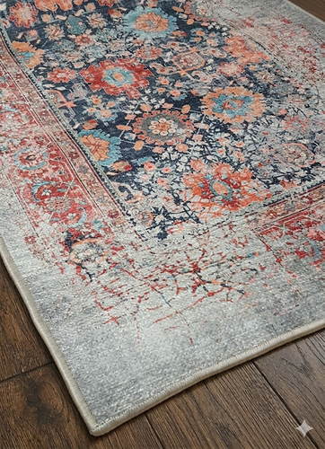 Tappeto Genio design vintage azzurro disegni rossi 140x200
