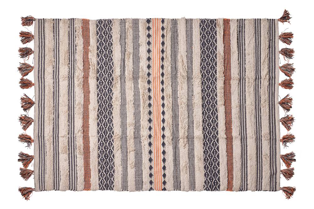 Tappeto arredo cotone striscie nero arancio bianco con nappe 160x230