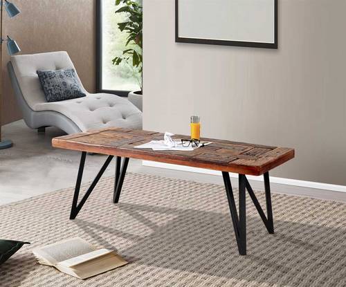 Tavolino salotto piano legno riciclato industrial piedi acciaio nero 120x60