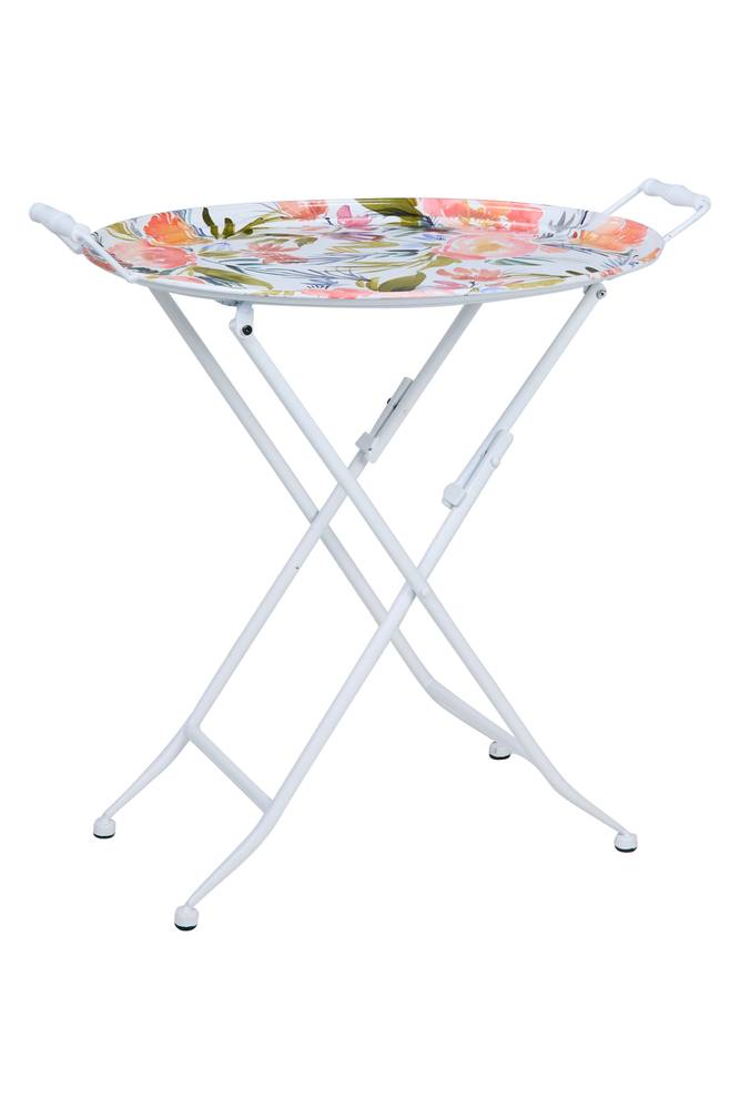 Tavolino vassoio pieghevole metallo bianco decoro floreale