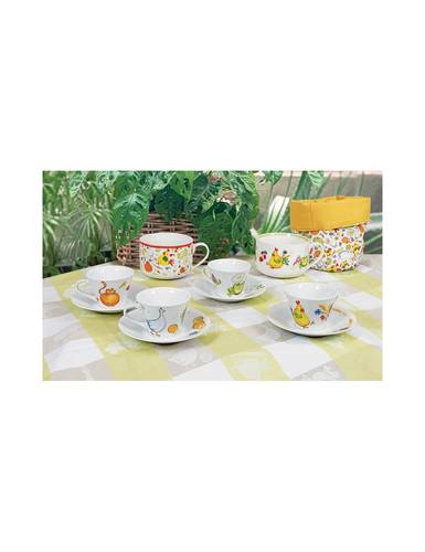 Tazza the con piatto 4 stagioni porcellana con diesgni di animali gallo-rana set 2 pz