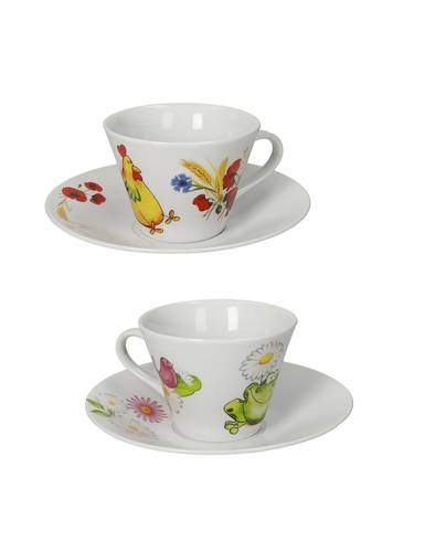 Tazza the con piatto 4 stagioni porcellana con diesgni di animali gallo-rana set 2 pz