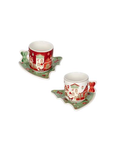 Tazzina caffè natale Villaggio in Festa con piattino albero set 2pz