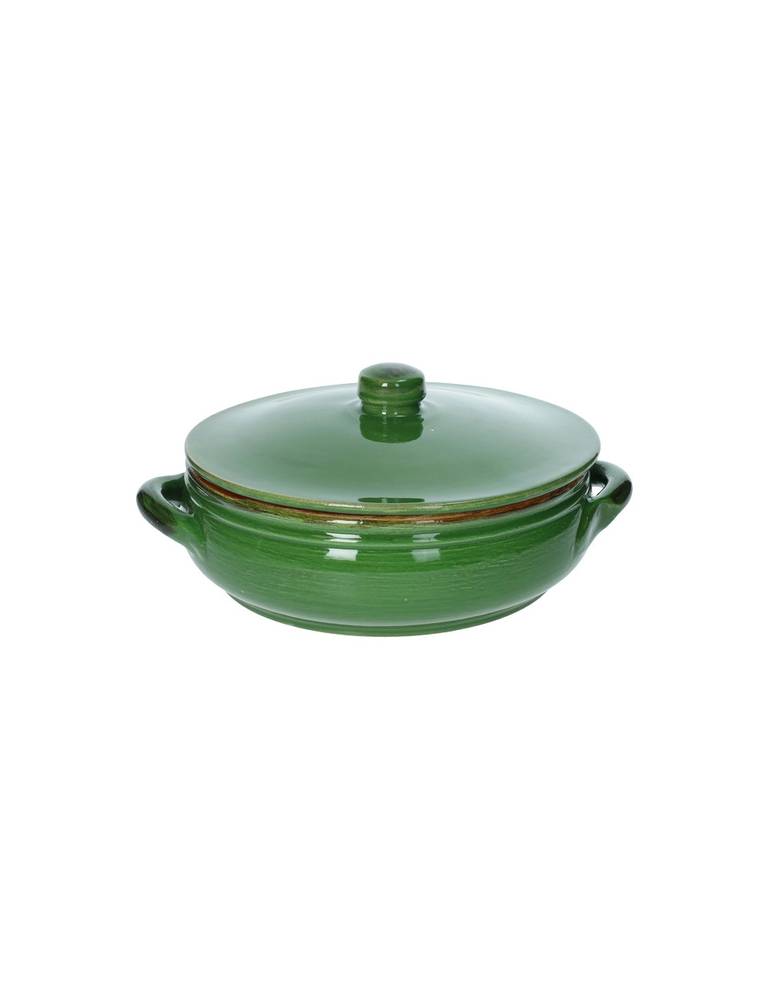Tegame terracotta verde da fuoco con coperchio e due manici