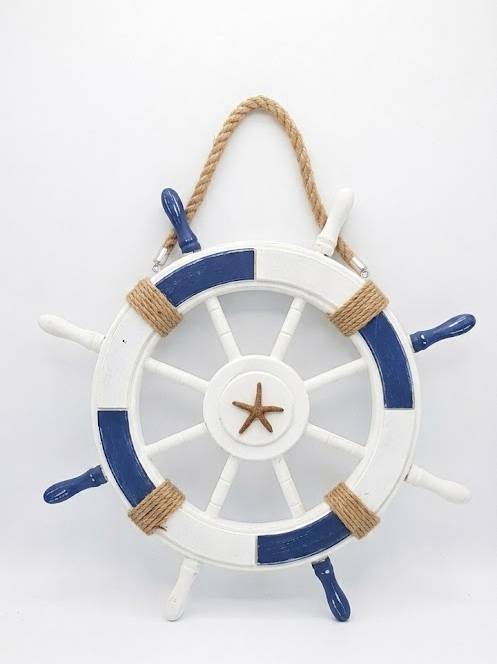 Timone legno bianco e blu decorativo da appendere 62cm