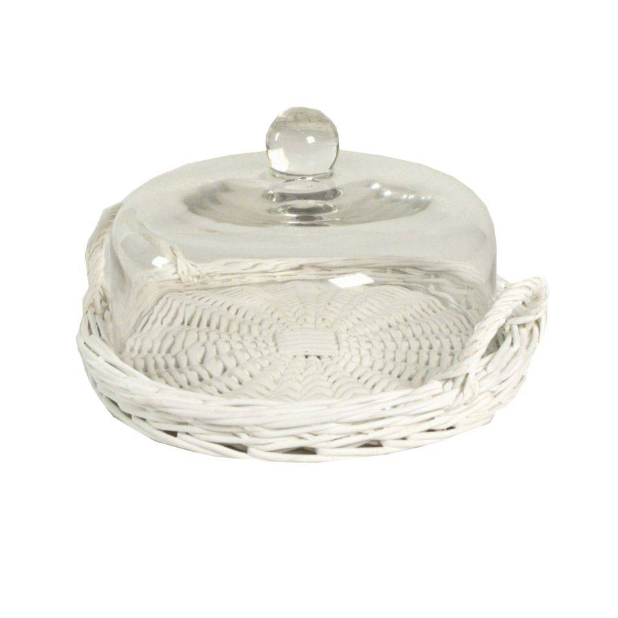Tortiera vimini bianco con campana in vetro 34cm