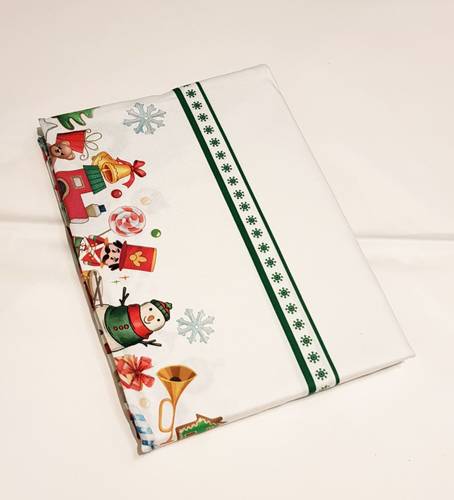 Tovaglia natale Chicchi e balocchi fondo bianco con bordo verde