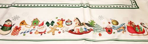 Tovaglia natale Chicchi e balocchi fondo bianco con bordo verde
