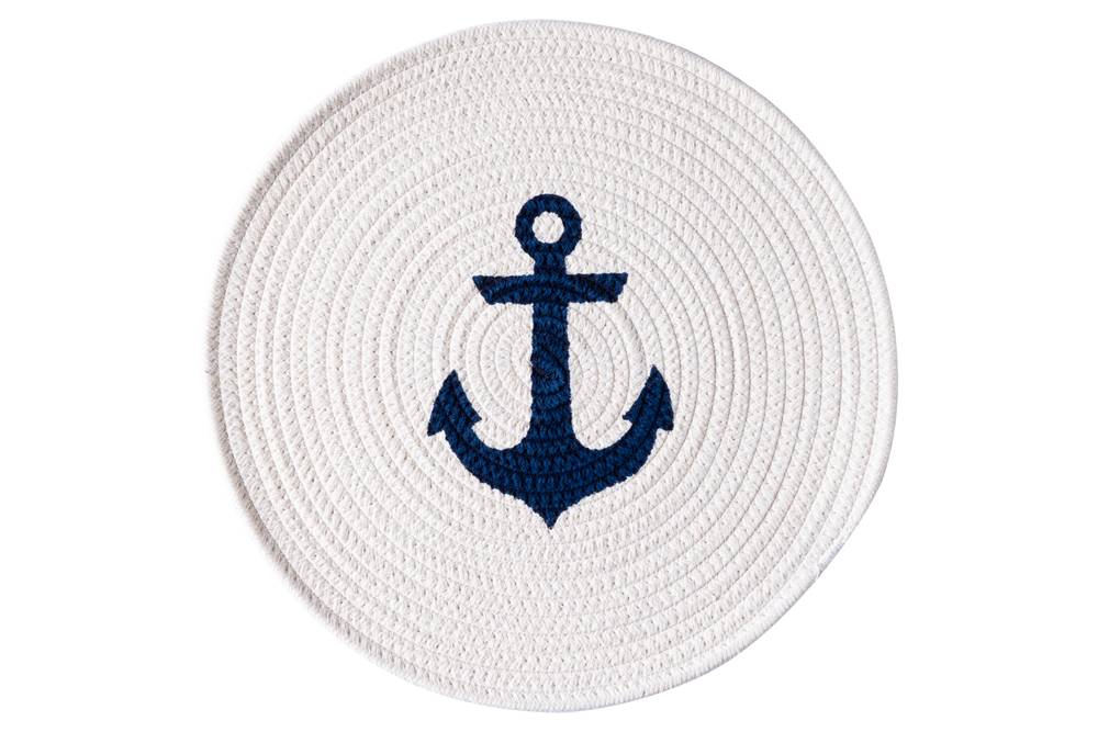 Tovaglietta tonda cotone bianco ancora blu cm 35