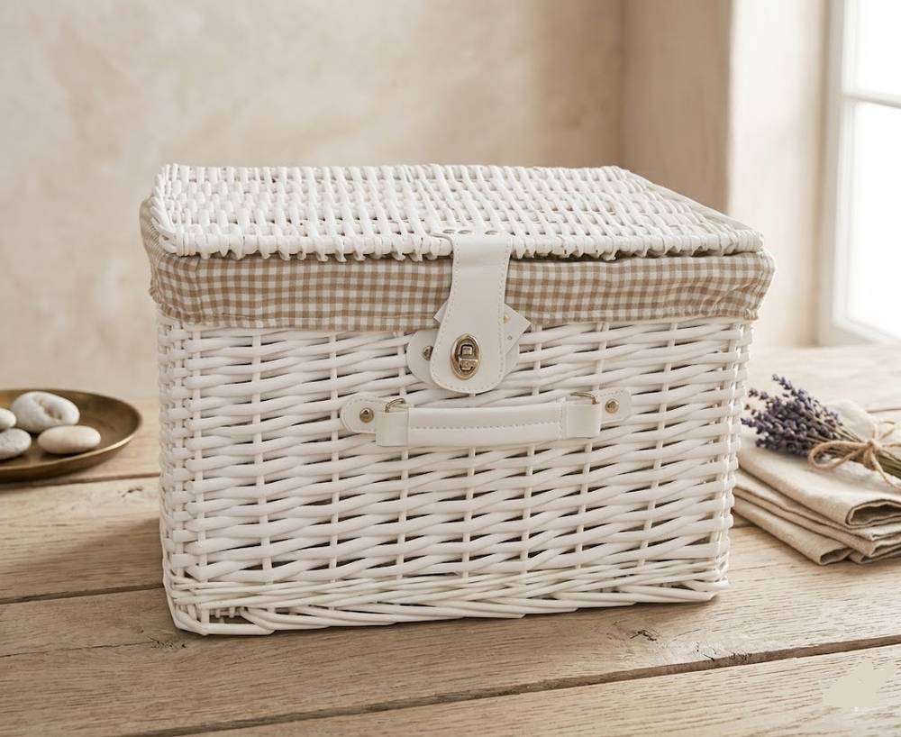 Valigia vimini bianco con chiusura e fodera cotone a quadretti 43x33x26h