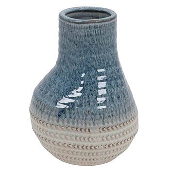 Vaso ceramica bianca azzurra tondo schiacciato con collo 25h