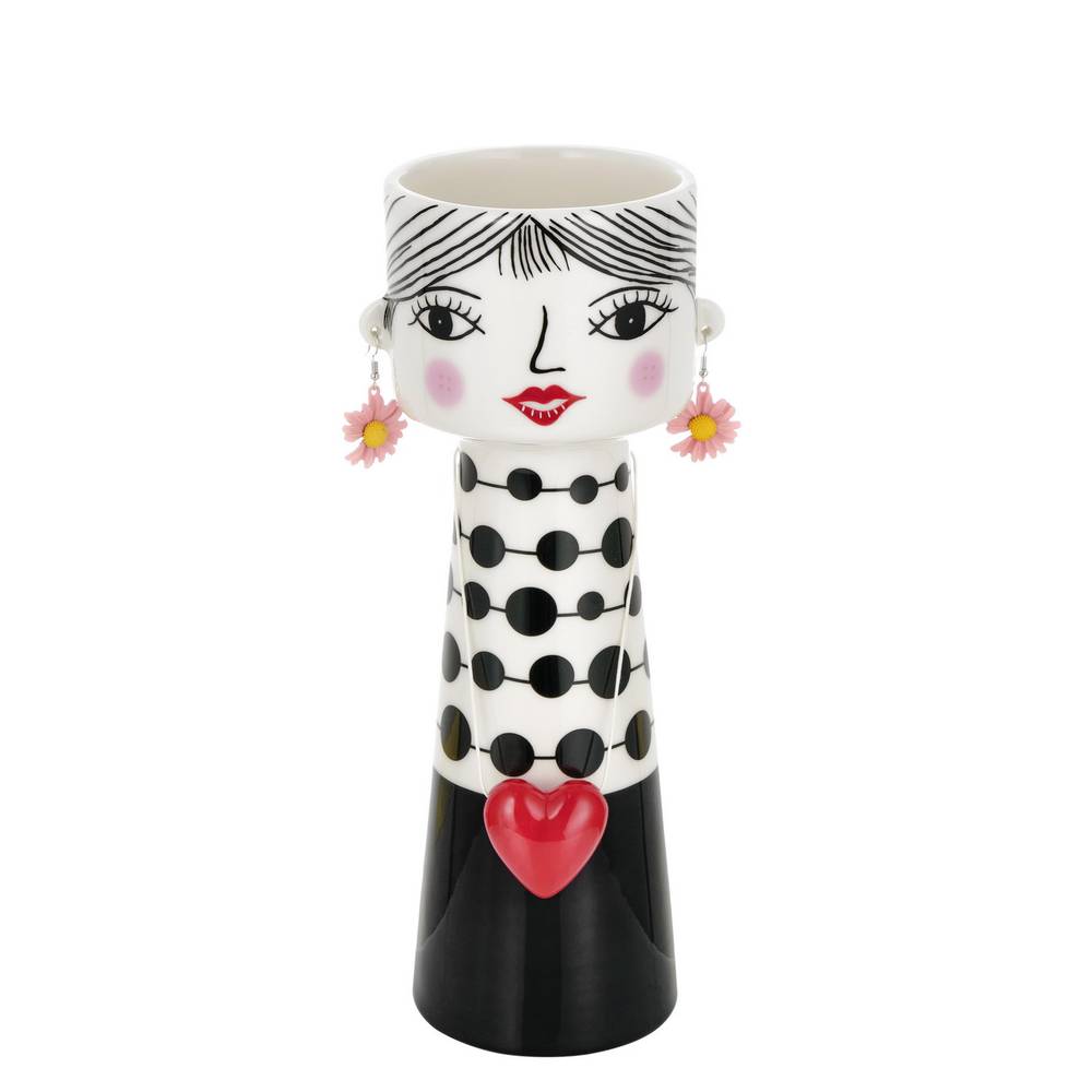 Vaso volto ceramica Girl bianco e nero cuore rosso 29h