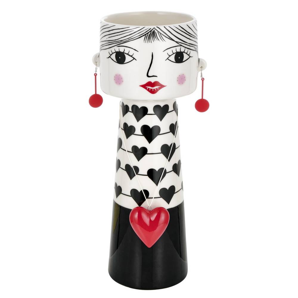 Vaso volto ceramica Girl bianco e nero cuore rosso 38h