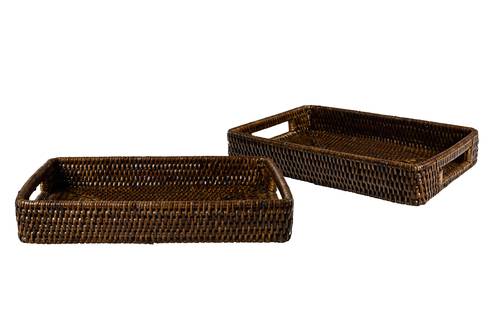 Vassoio Myanmar rettangolare rattan noce con maniglie bordo alto