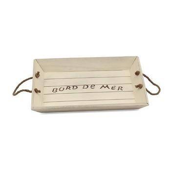 Vassoio legno bianco Bord de mar maniglie corda 42x33
