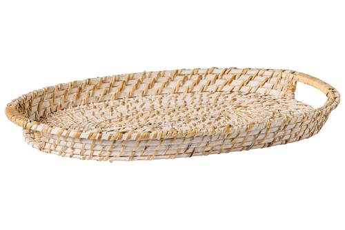 Vassoio ovale rattan bianco con manici 50x35