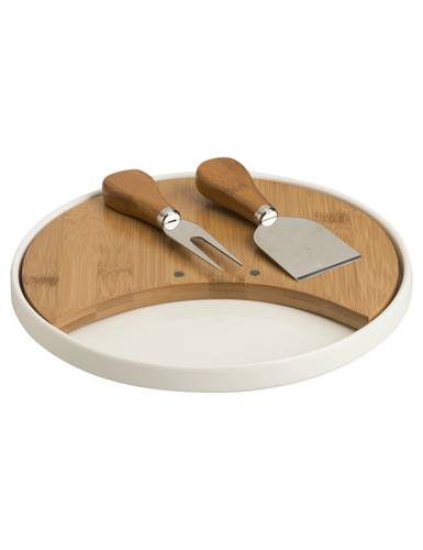 Vassoio porcellana bianca tonda con tagliere e 2 coltelli formaggio