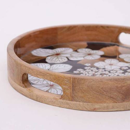 Vassoio tondo Botanicum legno decorato con fiori bianchi con maniglie 31cm