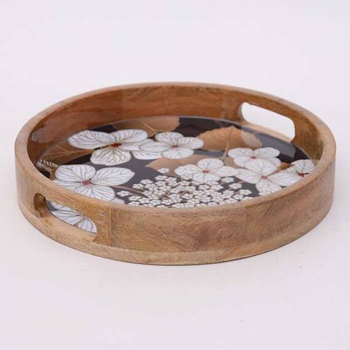 Vassoio tondo Botanicum legno decorato con fiori bianchi con maniglie 31cm