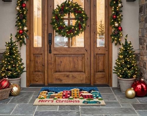 Zerbino Merry Christmas Villaggio Natale cocco sfondo blu con auto 70x40