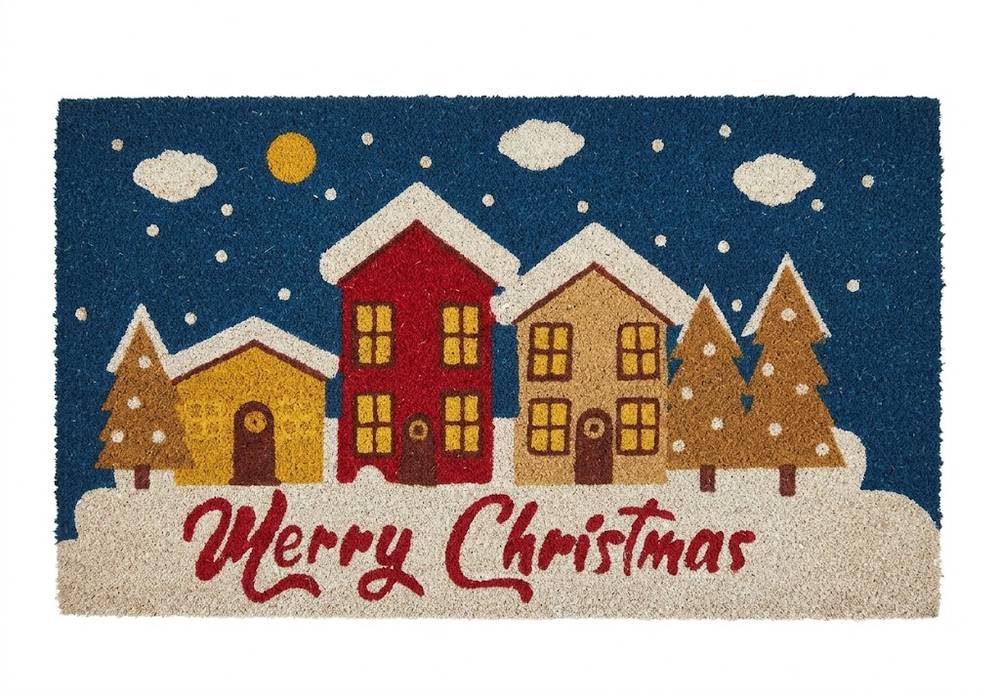 Zerbino Merry Christmas Villaggio Natale cocco sfondo blu tre case 70x40