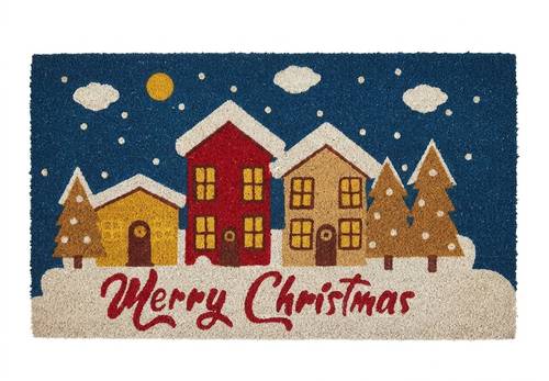 Zerbino Merry Christmas Villaggio Natale cocco sfondo blu tre case 70x40