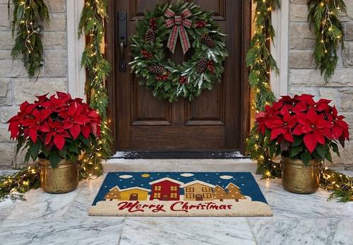 Zerbino Merry Christmas Villaggio Natale cocco sfondo blu tre case 70x40