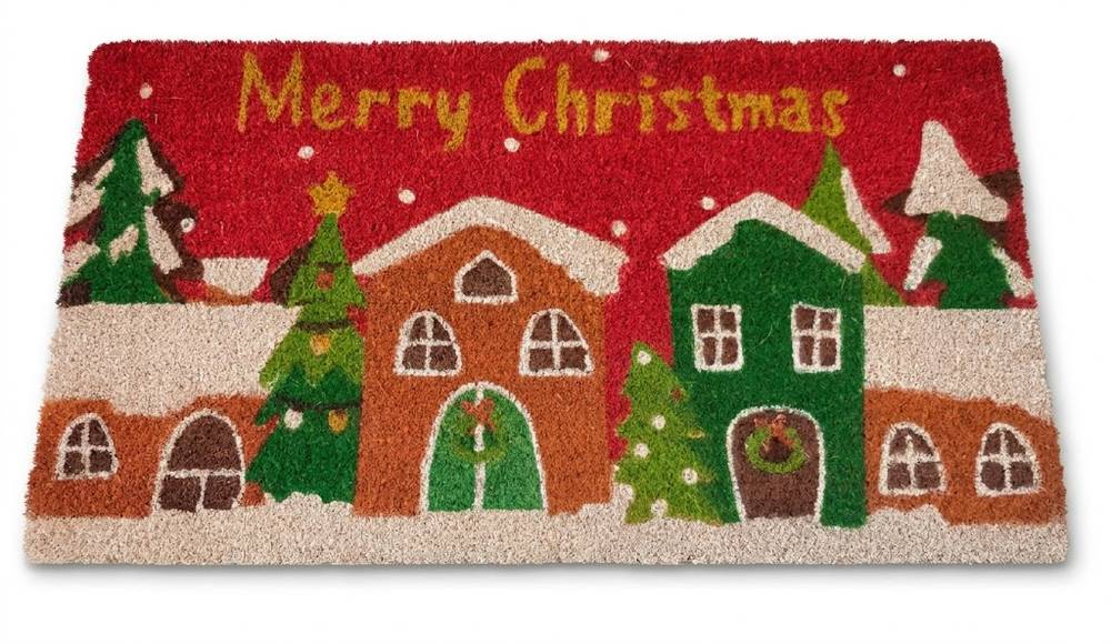 Zerbino Merry Christmas Villaggio Natale cocco sfondo rosso casa verde 70x40