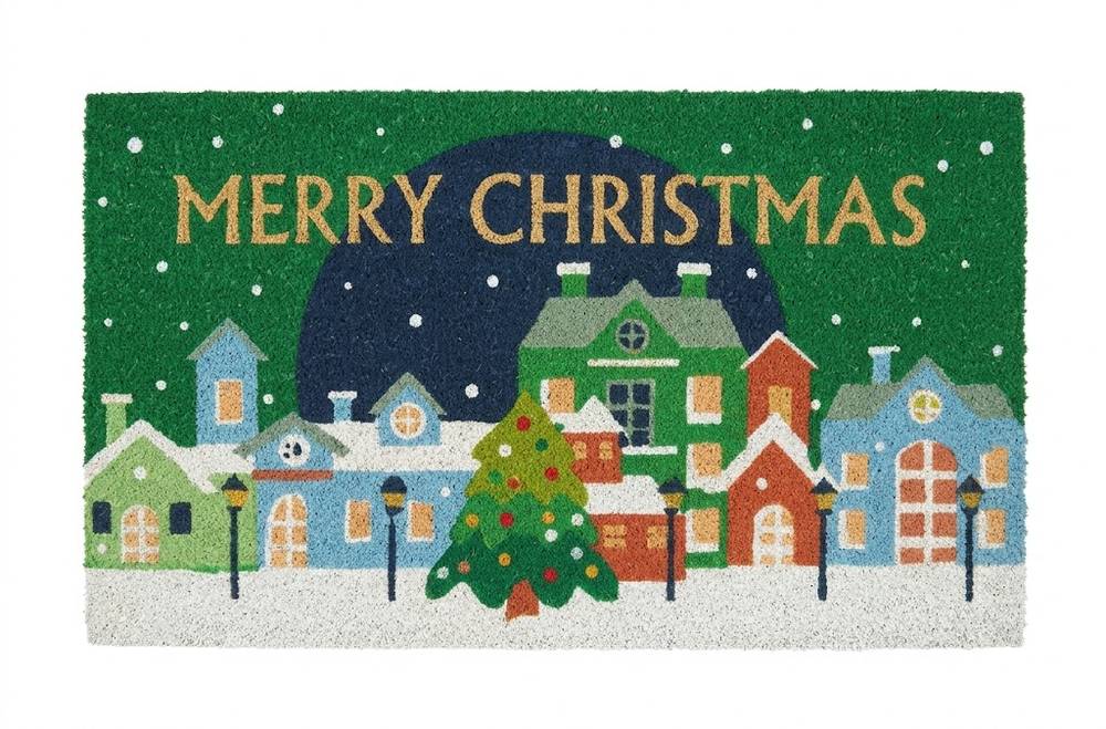 Zerbino Merry Christmas Villaggio Natale cocco sfondo verde con albero 70x40