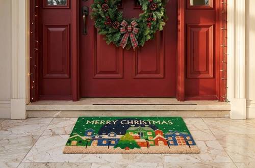 Zerbino Merry Christmas Villaggio Natale cocco sfondo verde con albero 70x40