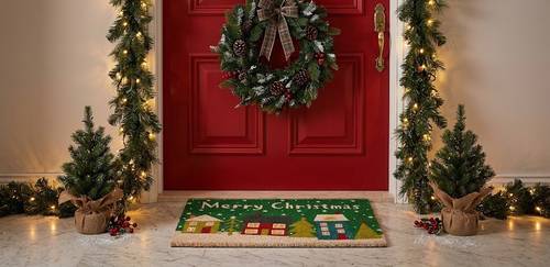 Zerbino Merry Christmas Villaggio Natale cocco sfondo verde con tre case e alberi 70x4