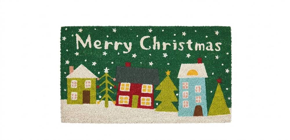 Zerbino Merry Christmas Villaggio Natale cocco sfondo verde con tre case e alberi 70x4