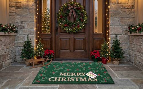 Zerbino Merry Christmas cocco verde con agrifogli 70x40