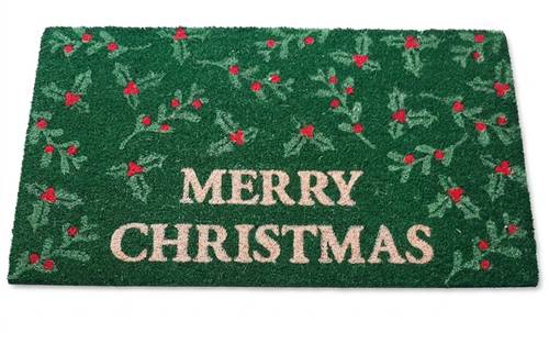 Zerbino Merry Christmas cocco verde con agrifogli 70x40