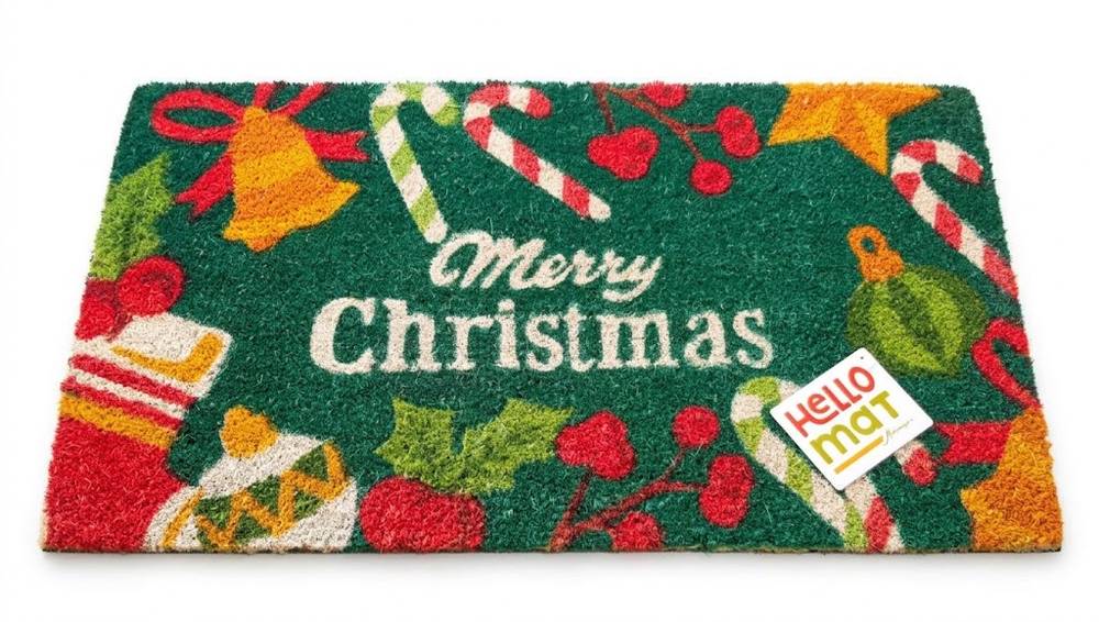 Zerbino Merry Christmas verde cocco con campana e bastoncini di zucchero 70x40