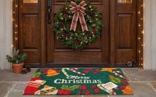 Zerbino Merry Christmas verde cocco con campana e bastoncini di zucchero 70x40