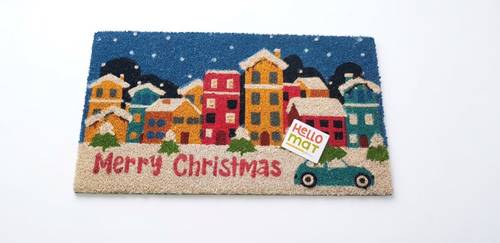 Zerbino Merry Christmas Villaggio Natale cocco sfondo blu con auto 70x40