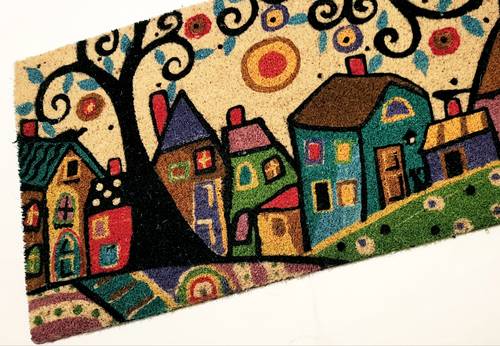 Zerbino cocco da ingresso Case colorate Naif con albero nero 40x70