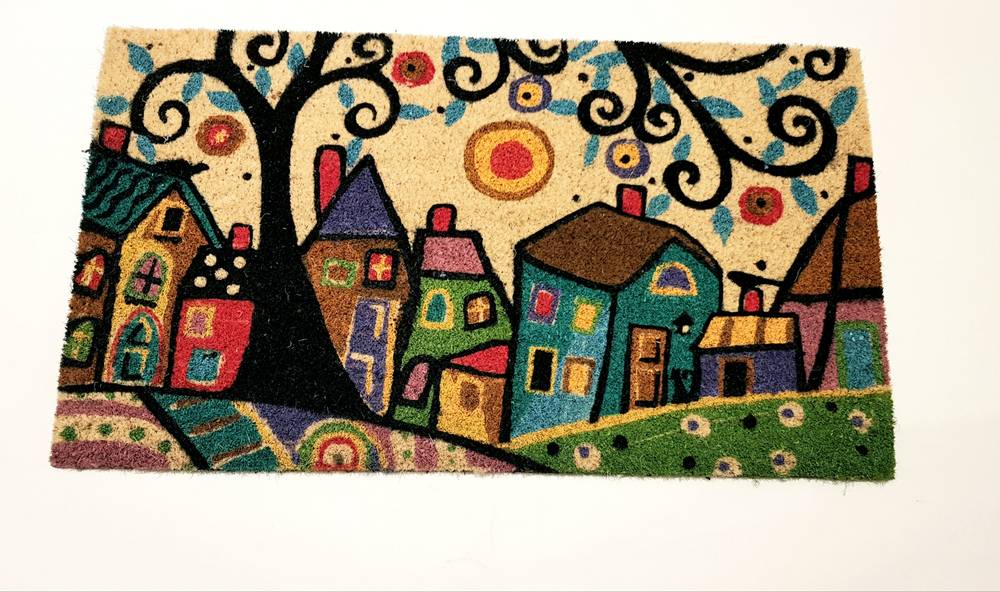 Zerbino cocco da ingresso Case colorate Naif con albero nero 40x70