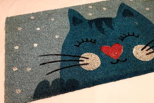 Zerbino cocco da ingresso Gatti stilizzati  fondo azzurro con pois 40x70