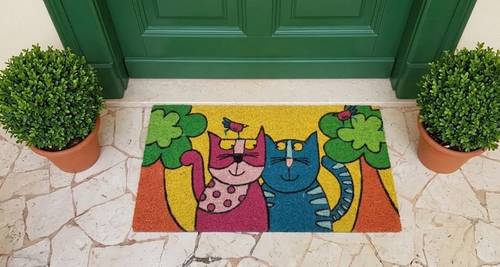 Zerbino cocco ingresso Gatti fumettosi coppia mici e alberi 70x40