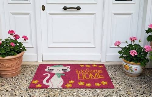 Zerbino cocco ingresso Gattina bianca su fondo rosa Home 70x40